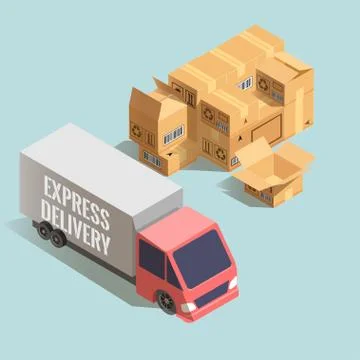Express delivery. Big truck with stack of cardboard boxes. Stock Illustration