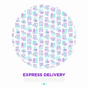 Express delivery concept in circle with thin line icons: parcel, truck Stock Illustration