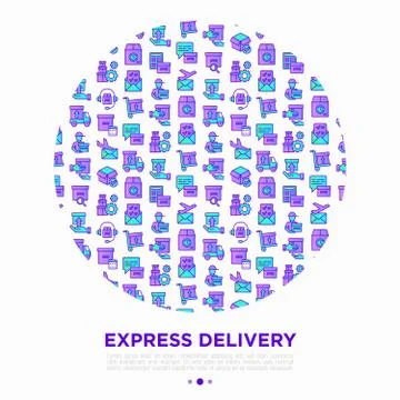 Express delivery concept in circle with thin line icons: parcel, truck Stock Illustration