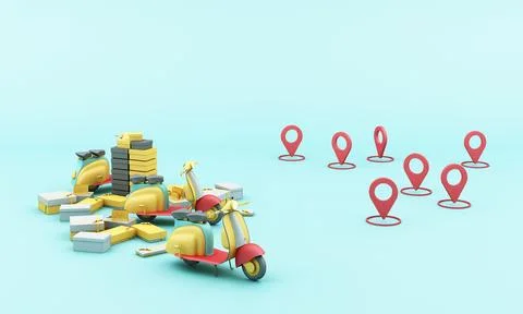 Express delivery concept Delivery by yellow scooter motorcycle with location  Stock Illustration