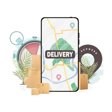 Express delivery concept. Lots of boxes and things, a phone with a map. Vec.. Stock Illustration