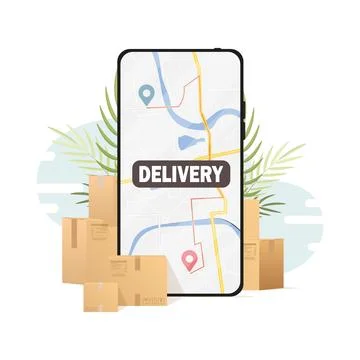 Express delivery concept. Lots of boxes and things, a phone with a map. Vecto Stock Illustration