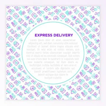 Express delivery concept with thin line icons: parcel, truck 库存插图