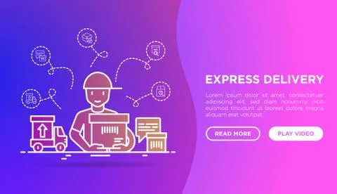 Express delivery: courier with package. Web page template with thin line icon Stock Illustration