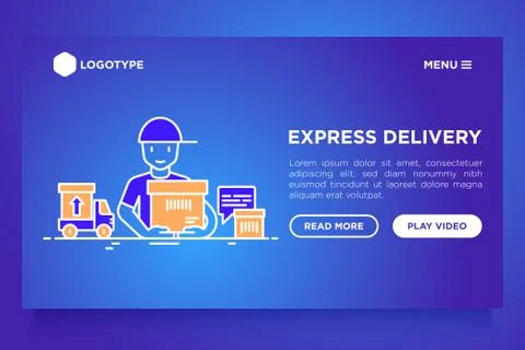 Express delivery: courier with package. Web page template with thin line icon Stock Illustration