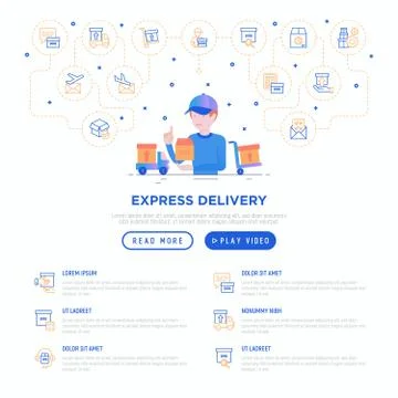 Express delivery: courier with package. Web page template with thin line icon Illustrazione stock