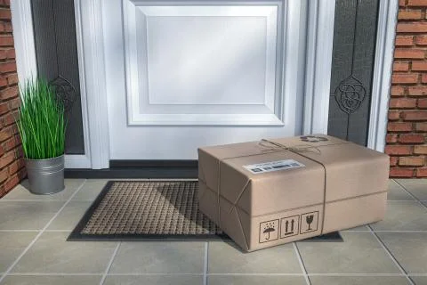 Express delivery, e-commerce online purchasing concept. Parcel box on floor n 写真素材