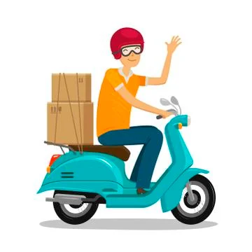 Express delivery, fast shipment concept. Happy courier rides scooter or moped Stock Illustration
