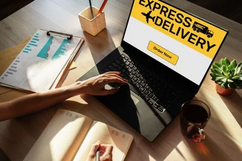 Express delivery form on screen, transportation and logistic concept. Online 库存照片