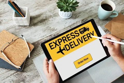 Express delivery form on screen, transportation and logistic concept. Online 스톡 사진