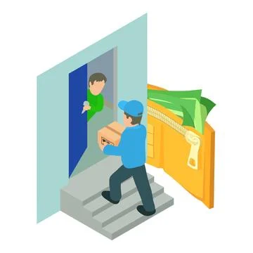 Express delivery icon isometric vector. Delivery man gives big package to client Stock Illustration