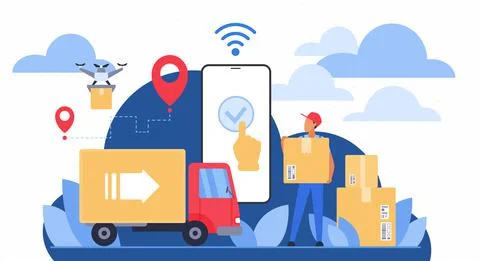 Express delivery of online orders, tiny courier with packages and boxes from Stock Illustration