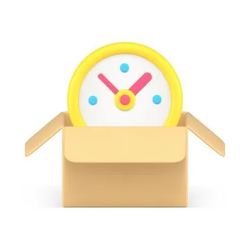 Express delivery shipment countdown time clock in open cardboard box courie.. Stock Illustration