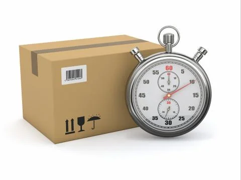 Express delivery. stopwatch and package on white background. 3d Stock Illustration