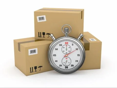 Express delivery. stopwatch and package on white background. 3d Stock Illustration
