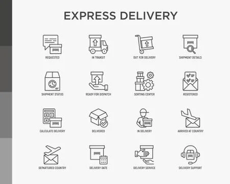 Express delivery thin line icons set: parcel, truck, out for delivery Stock Illustration
