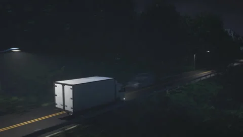 Express delivery van driving on the freeway surrounded by forest trees at night Stock Footage 319674336