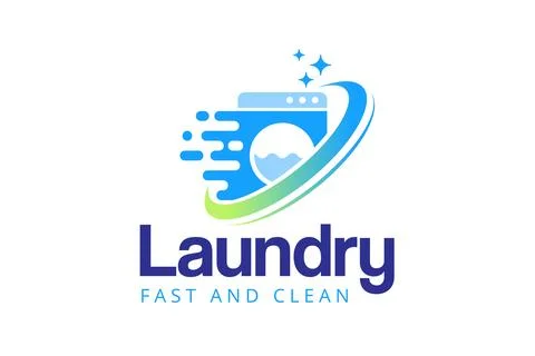 Express laundry logo design template. Washing machine with fast effect shap.. Stock Illustration