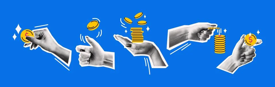 Expression of Financial Concepts with Hands and Coins Stock Illustration