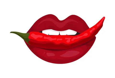 Expression of lips sexually biting red pepper. Facial expression.Vector illus Stock Illustration