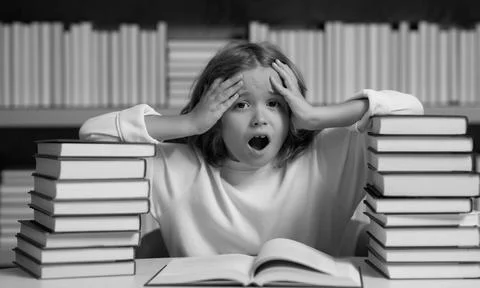 Expression school kid with piles of books. Back to scholl. Kids education and Stock Photos