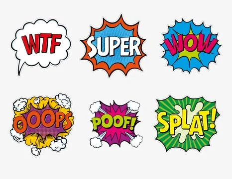 Expression text WTF, Super, WOW, oops, poof, splat Stock Illustration