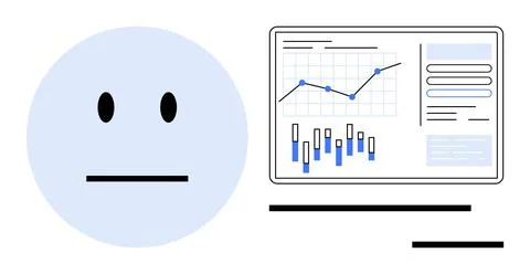 Expressionless face beside a data analytics graph featuring line and bar char Illustrazione stock