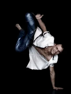 Expressive break dancer balancing  on hand Stock Photos