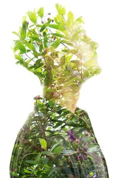 An expressive double exposure portrait. Stock Photos