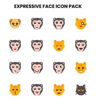 Expressive Face Flat Set Icons Pack Stock Illustration
