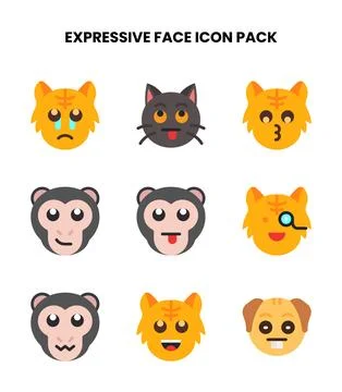 Expressive Face Flat Set Icons Pack Stock Illustration