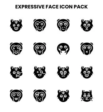 Expressive Face Glyph Set Icons Pack Stock Illustration