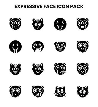 Expressive Face Glyph Vector Icons Pack 스톡 일러스트