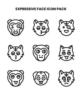 Expressive Face Line Set Icons Pack Stock Illustration