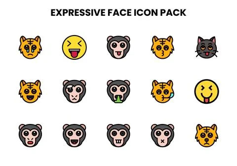 Expressive Face Lineal Color Graphics Icons Pack Stock Illustration