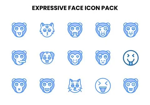 Expressive Face Two Colour Bundle Icons Pack Stock Illustration