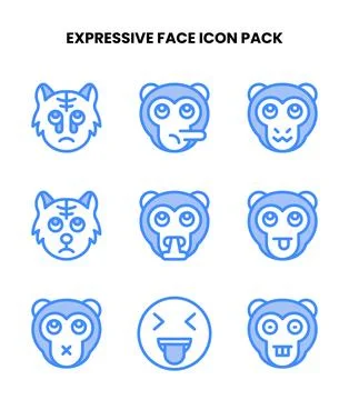 Expressive Face Two Colour Collection Icons Pack Stock Illustration