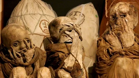 Expressive faces of Mummies at Leymebamba, Peru Stock Footage 108841599