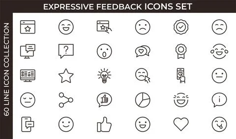 Expressive feedback and rating icon set with bubbles, stars, hearts, badges.. Stock Illustration