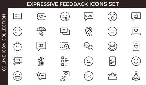 Expressive feedback and rating icon set with bubbles, stars, hearts, badges.. Stock Illustration