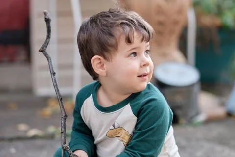 Expressive little boy playing in the backyard and making faces Stock Photos
