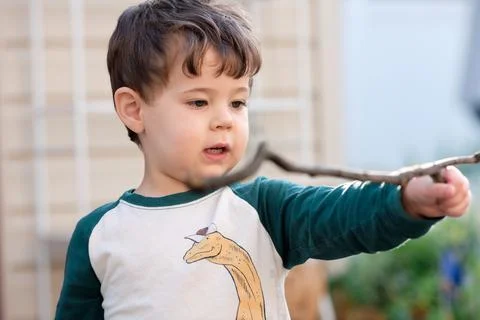 Expressive little boy playing in the backyard and making faces Stock Photos
