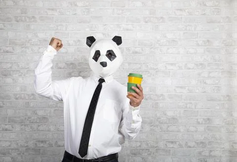 Expressive man with panda bear head holding a cup of coffee. Stock Photos
