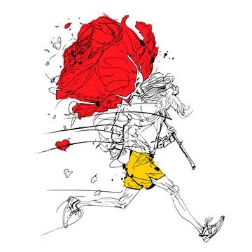 Expressive Running Character with Red Rose Stock Illustration