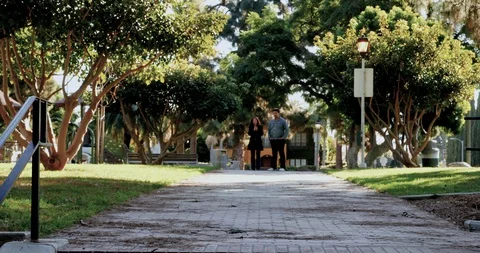 Expressive woman talking with man while walking in park Stock Footage 122978218
