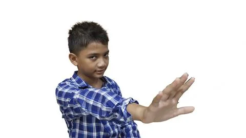 Expressive Young Boy Gesturing Forward in Blue Plaid Shirt Stock Photos