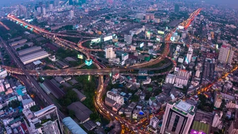 Expressway Day to Night Cityscape Time Lapse Of Bangkok, Thailand (tilt down) Stock Footage 150556530