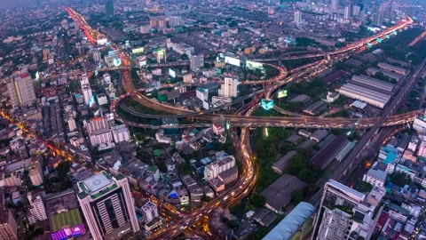 Expressway Day to Night Cityscape Time Lapse Of Bangkok, Thailand (tilt up) Stock Footage 150556536