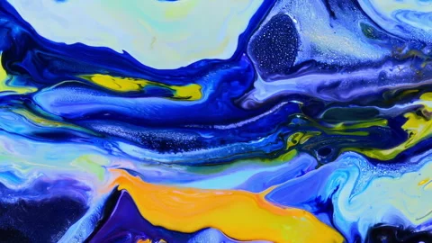 An Exquisite and Vibrant Abstract Fluid Art Piece Featuring Blue and Yellow Hues Vídeos de archivo 305836664