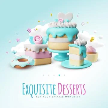 Exquisite desserts 3D cartoon plastic style vector advertising web design Illustrazione stock